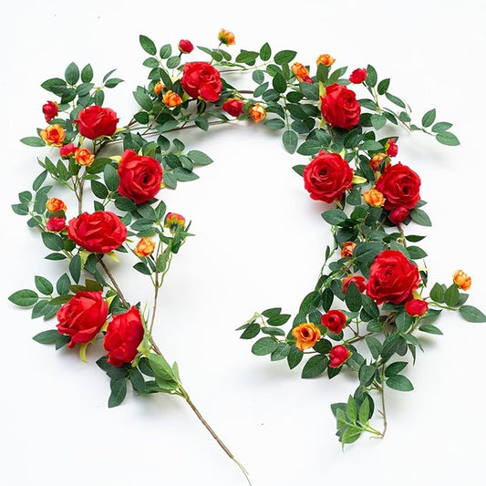 6FT Bendable Flower Garland, Artificial Rose Vine Hanging Floral Garland Decoration for Weding Home Room Wall Decor (Red, 1pcs)
