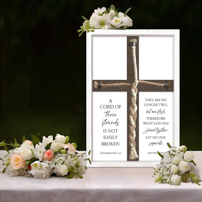 A Cord of Three Strands Wedding Unity Cross Sign Braided Rope Ceremony Art | 15x10 Inch Rustic Farmhouse White Wood Framed, Christian Marriage Prayer Wall Decor for Couples, Anniversaries & Prayer Rooms