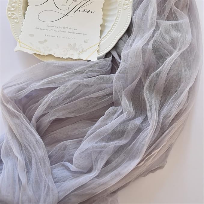 Joanlody Light Gray Cheesecloth Table Runner Spring Summer 10Ft Rustic Gauze Boho Cheese Cloth Table Runner for Wedding Bridal Baby Shower Decoration