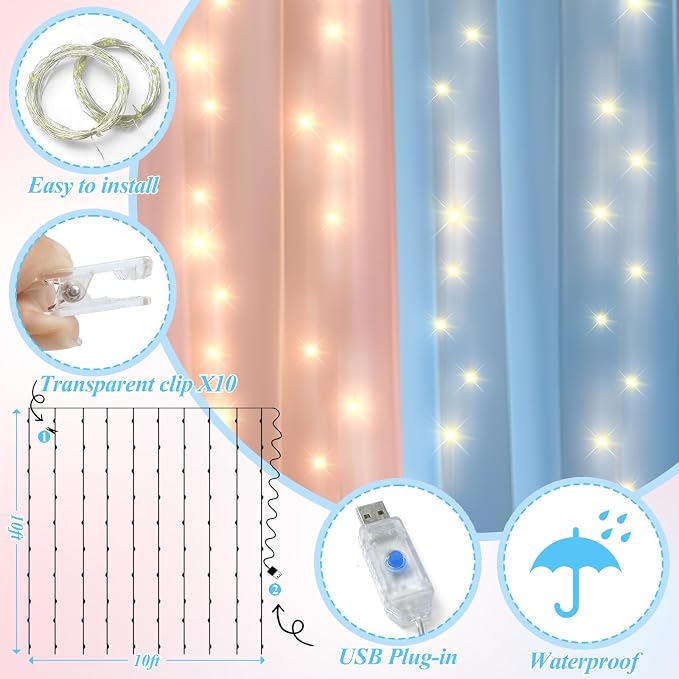 Ledido 2 Pack 10×10ft Pink Blue Tulle Backdrop Curtain with Light String - 600LED Fairy Light Sheer Curtain Backdrop for Gender Reveal Baby Shower Photo Shoot Birthday Party Decoration(4 Panel 5×10ft)
