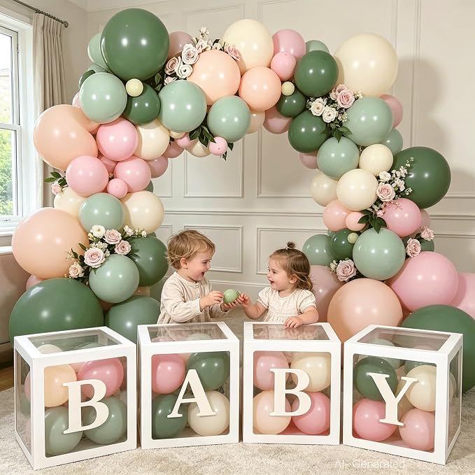 Pink and Green Balloon Baby Shower Decorations for Girl, Sage Light Green Pink Ivory Orange Balloon Arch Kit Baby Boxes with Letters for Gender Reveal Wedding Girl Birthday Boho Floral Party Decor
