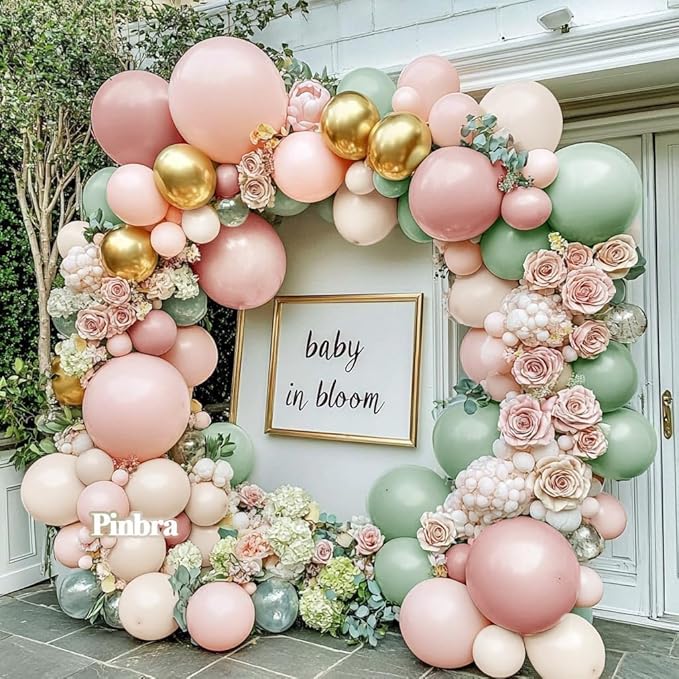 Dusty Green Pink Balloon Arch Double Stuffed Pastel Baby Pink Light Green White Cream Balloon Metallic Gold Latex Balloons for Baby in Bloom Birthday Bridal Shower Wedding Party Decorations