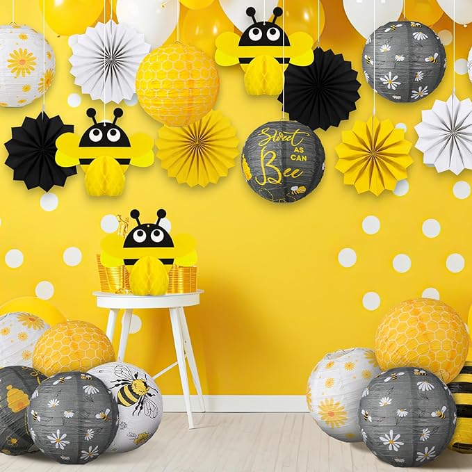 Retisee 18 Pcs Bee Honey Party Decoration.Yellow White Hanging Paper Lantern Bee Honeycomb Fans Honeycomb Ball for Honey Birthday Party Ceiling Decor Supplies