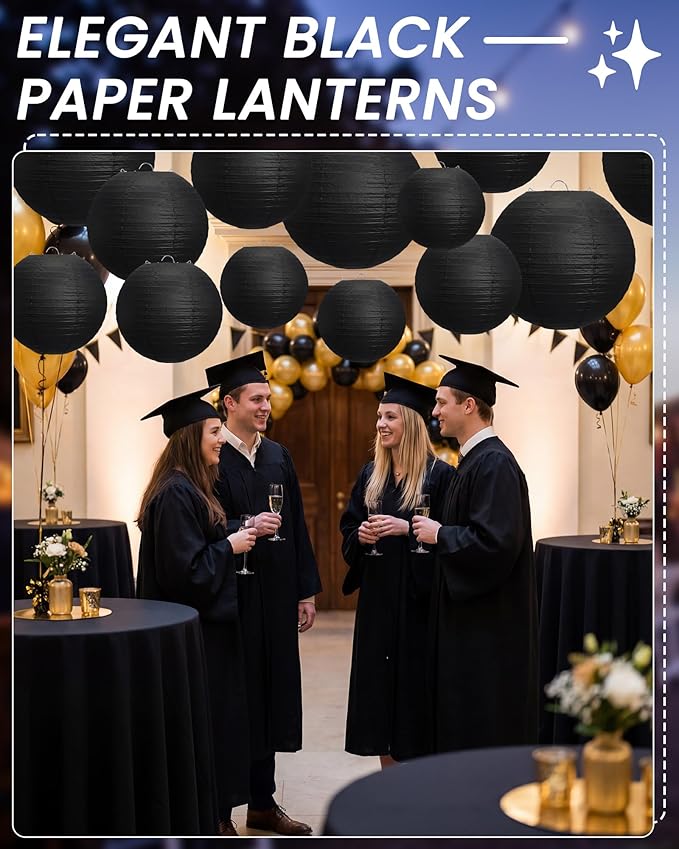 Treela 48 Pcs Paper Lanterns Party Decorations Chinese Round Paper Decor 4/6/8/10 Inch Asian Hanging Lamps Decorative for Birthday Party Wedding Bridal New Year Supplies(Black)