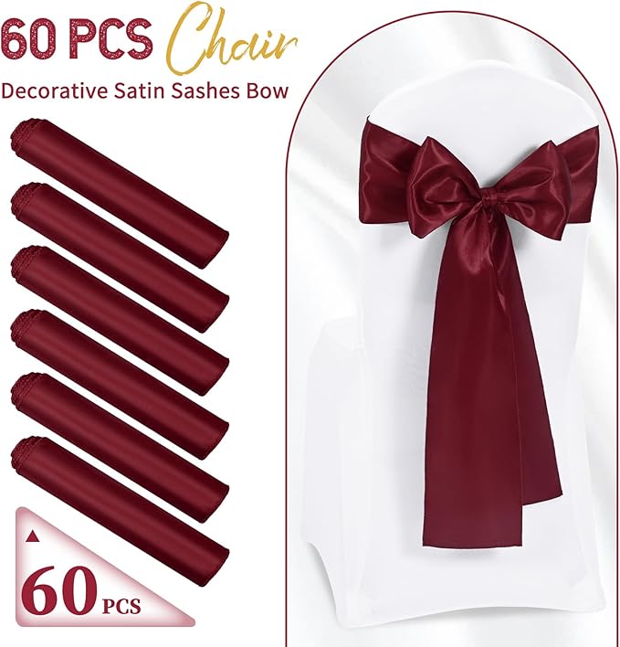 60 PCS Burgundy Satin Chair Sashes, Ties Bows Designed Chairs Decorative, Chair Cover Sashes for Thanksgiving Wedding Christmas Banquet Party Home Kitchen Decoration (7 x 108 inch)