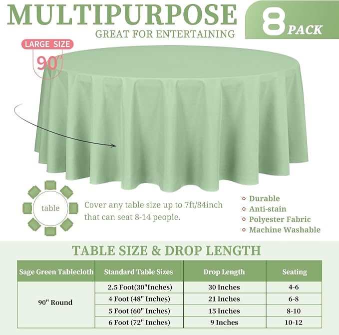 Showgeous 8 Pack Sage Green Round Tablecloth 90 Inch Table Cloth for Round Tables Polyester Tablecloths Table Cover for Dining Wedding Party