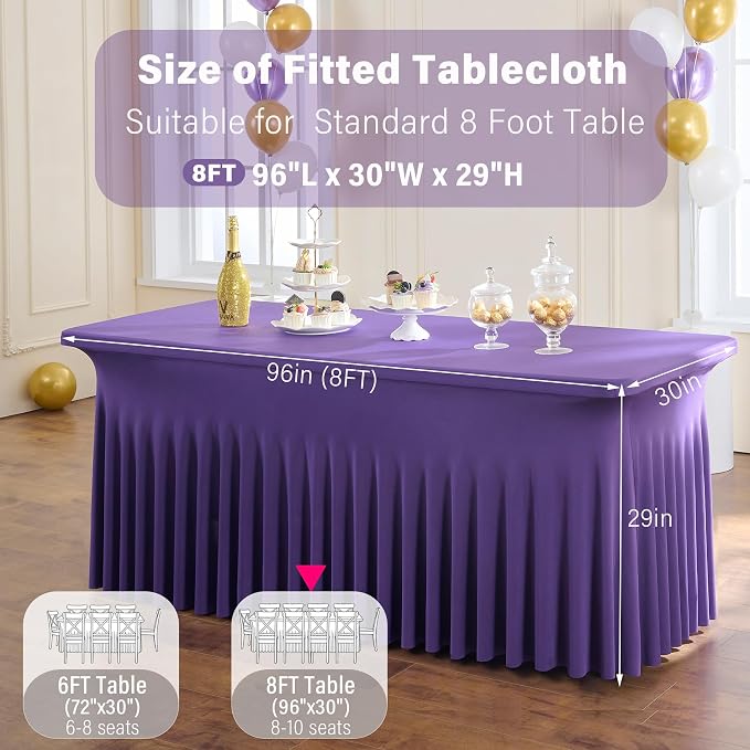 4 Pack Purple Spandex Table Clothes for 8 Foot Rectangle Tables, Wrinkle Free Fitted Table Cover 8ft Stretch Tablecloths Desk Skirt for Parties Weddings Birthday Banquet Baby Shower