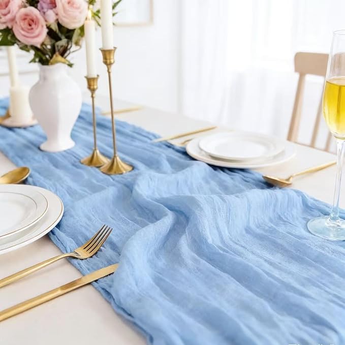 10 Pack Baby Blue Cheesecloth Table Runner 10FT Boho Gauze Fabric Cheese Cloth Table Runners for Wedding ,Party,Baby Shower, Bridal Party, Rustic Farmhouse and Table Decorations