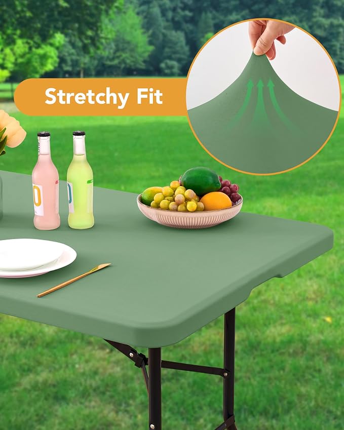 KeyWave Fitted Tablecloth Rectangle Table Cloths - 6 Pack 6 Foot Elastic Stretch Folding Table Top Cover Water-Resistant Reusable for Outdoor Picnic Camping Party Event, Sage Green, 72" L x 30" W