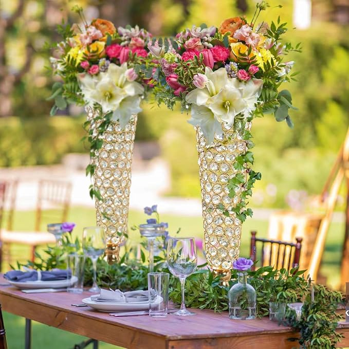 2-Pack 18.5" Tall Gold Vases, Engraved Crystal Trumpet Vase, Gorgeous Centerpiece Flower Stand | Artificial Flower Arrangement for Weddings, Anniversaries | Home & Party Decor Display