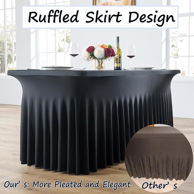 4 pk Black Spandex Tablecloth 6ft with Ruffled Skirt,Wrinkle Free High Stretch Fitted Tablecloths for 6 Foot Rectangle Tables,Pleated Elastic Spandex Table Covers 6ft for Parties Wedding Banquet