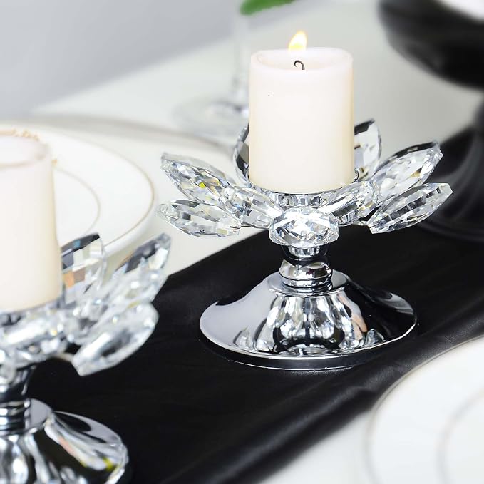 4 PCS Silver Crystal Flower Tea Light Holder, Glass Tealight Candlestick with Metal Base, Votive Candle for Table Centerpiece, Wedding/Parties Decor, Nice Gift
