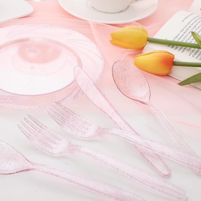 WDF 360 Pink Glitter Plastic Silverware - Disposable Glitter Cutlery - Plastic Silverware inluding 120 Forks, 120 Spoons, 120 Knives for Pink Birthday,Baby Shower