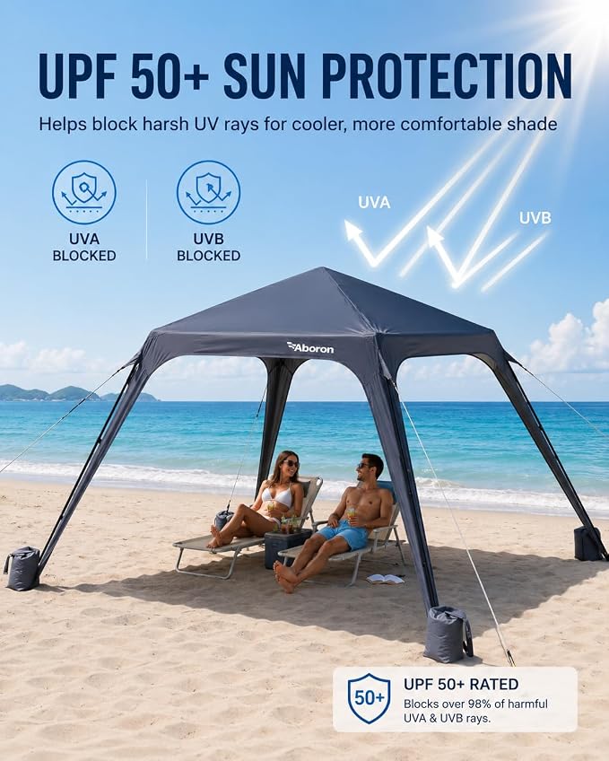 Slsy Beach Tent 10 x 10 FT, Beach Shelter with Removable Side Wall, UPF 50+ Canopy Cabana for Sun Protection, Easy Setup Shade with Sandbags, Stakes & Guy Lines, Wind Resistant, Fits 6-8 People
