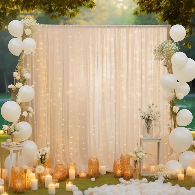 10x8ft Champagne Tulle Backdrop Curtain with Lights String for Parites, Sheer Photo Backdrop Curtains with Lights for Wedding Backdrop Ceremony Reception Bridal Shower Baby Shower Birthday Party