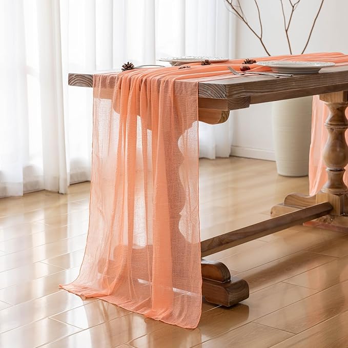Keketoarrange Fresh Salmon Spring Cheesecloth Table Runner Mothers Day Decor Peach Echo Gauze 120 Inch 10 FT Boho Table Runner for Wedding Baby Shower Bridal Shower Party Sheer Summer Home Decorations