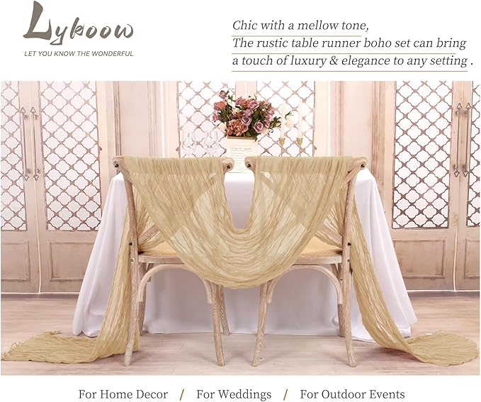 24 Packs Beige Table Runner, Charming Cheesecloth Table Runner 17 x 108inch, Gauze Boho Wedding Decoration Rustic Sheer Fabric Cheese Cloth Table Runners for Wedding Party Bridal Shower