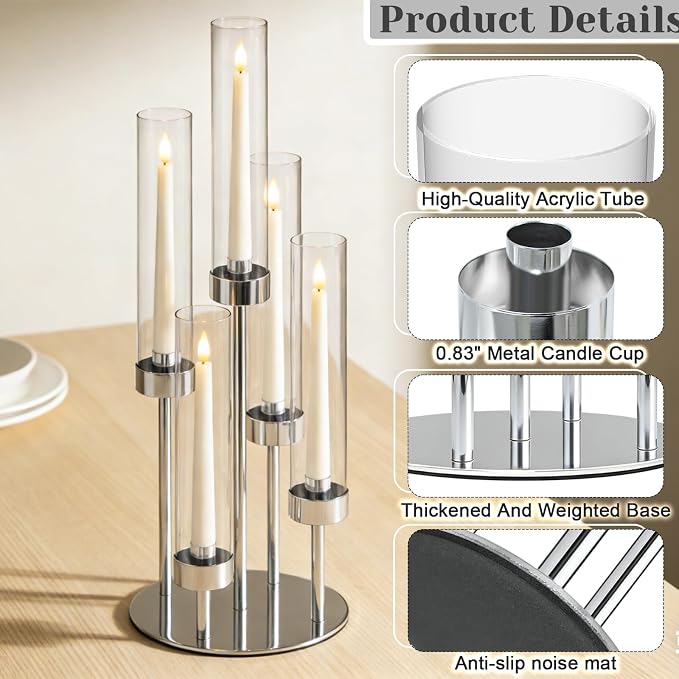 5-Arm Black Metal Table Candelabra Centerpiece, 22" Tall Clear Candlesticks Holder with Shade for Valentines Day Events Party Table Centerpiece,Fit LED Candles (4, Silver, S-22in)