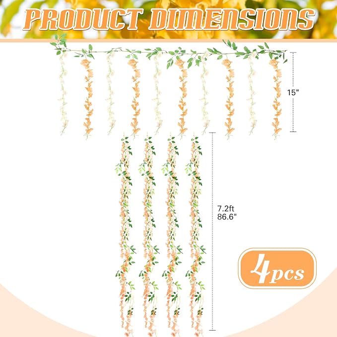 Thiccywoov 4pcs Wisteria Artificial Flowers Garland, 7.2Ft/Piece Wisteria Hanging Flowers Garland for Wedding Arch Decoration Outdoor Ceremony Home Backdrop Garden (Champagne,Orange)