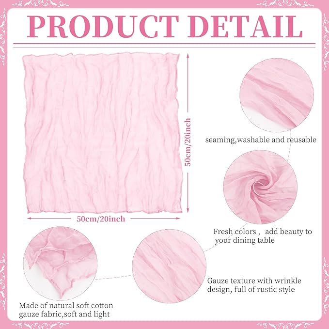 60 PCS Light Pink Gauze Cheesecloth Napkins,20x20 Inch Gauze Napkin Rustic Wrinkled Cheesecloth Napkin Bulk Washable Dinner Table Napkins for Wedding Party Bridal Shower Baby Shower Events Decor