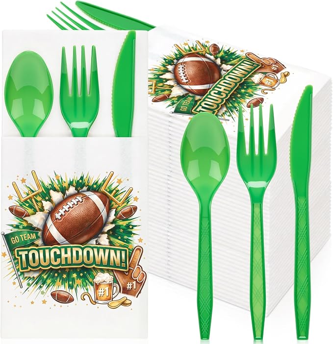 LemonRoad 50 Sets Football Party Plastic Silverware Pre-folded Cutlery Serves 50 Includes Forks Knives Spoons Paper Napkin Disposable Football Tableware for Tailgate Party Sports Gathering Game Day