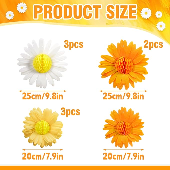 Paper Jazz 9pcs Daisy Paper Flower Decorations, White Yellow Orange Honeycomb Hanging Decor, Spring Party Celling Sign Boho Happy Birthday Supplies for Garden Classroom Baby Shower Birthday Party