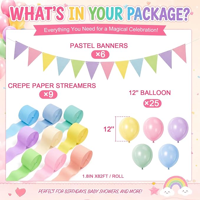 Sabary 40 Pcs Pastel Birthday Party Decorations Set, 738ft Pastel Crepe Paper Streamers, 6 Rainbow Pennant Banner Flags and 25 Pcs 12'' Macaron Balloons for Wedding Birthday Party Hanging Decor