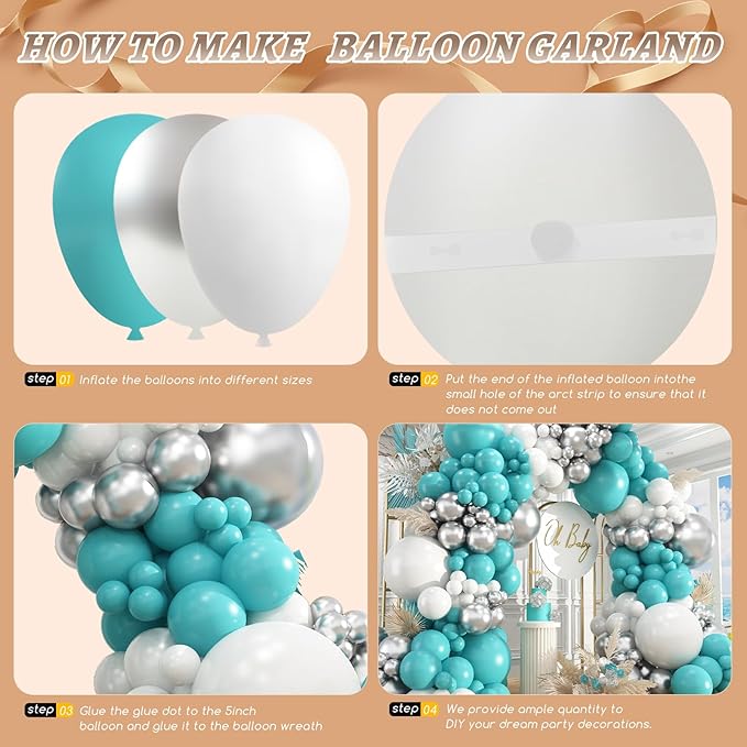412Pcs Teal Silver White Balloon Garland Arch Kit, 18 12 10 5 Inch Different Size White Metallic Silver Teal Balloons Balloons,for Birthday Party Graduation Baby Shower Wedding Holiday Decoration