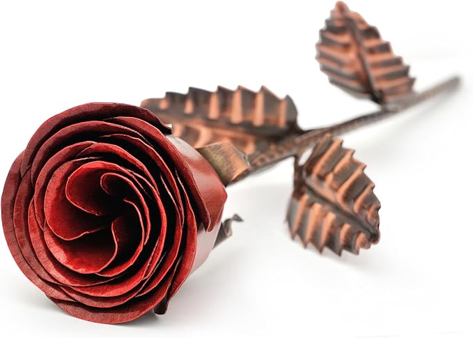 Personalized Bronze Anniversary Rose – 8th or 19th Wedding Anniversary Present, Custom Engraved Solid Copper Flower with Deep Red Bloom – 12 Inch Keepsake