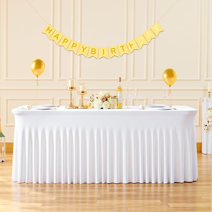 6 Pack 8ft White Spandex Tablecloths for Rectangle Tables Wrinkle Free White Rectangle Table Cloth, Stretch Fitted Table Cover with Skirt for Wedding Birthday Party Banquet Baby Shower Buffet Event