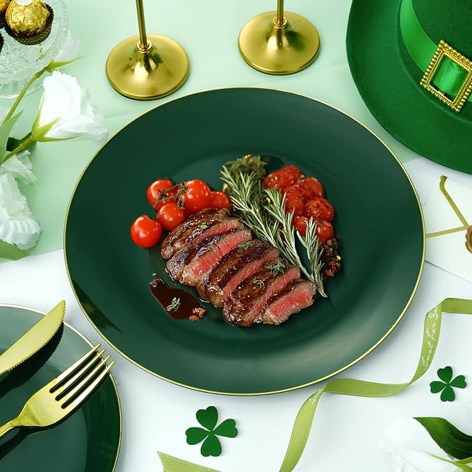 700 PCS Green Plastic Dinnerware Set, Green and Gold Rim Disposable Plates for Party, Include 200 Green Plates with 300 Plastic Cutlery, 100 Napkins and 100 Cups