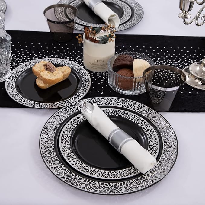 NOCCUR 210PCS Black and Silver Dinnerware Set for 30 Guests - Black Plastic Plates with Silver Rim Include 30 Dinner / 30 Dessert Plates, 30 Prewrapped Silverware, 30 Cups Ideal for Party/Graduation