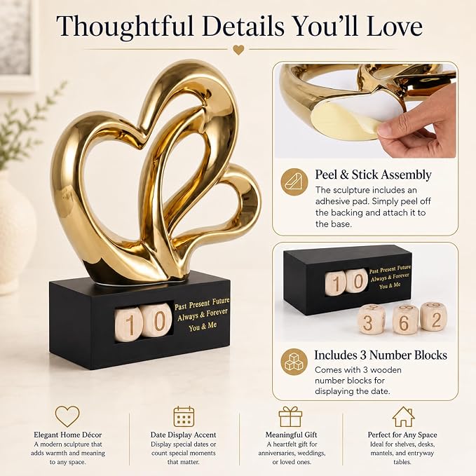 Ceramic Heart Sculpture with Date Blocks, Gold Hearts Statue for Home Decor, Romantic Valentines Day & Wedding for Couple, Shelf Mantel Tabletop Display (Gold)