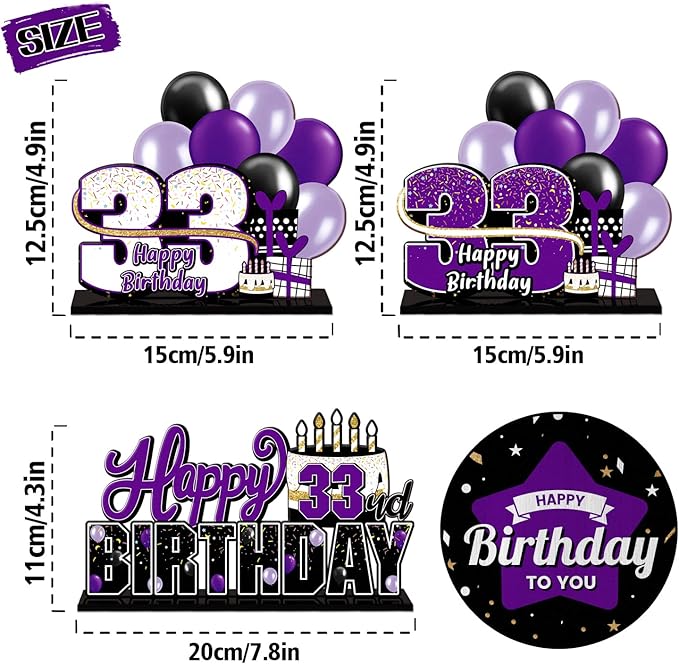 LINGTEER Happy 33rd Birthday Purple Acrylic Table Topper Centerpieces Set - Cheers to 33 Years Old Birthday 33rd Bday Party Gift Decorations.