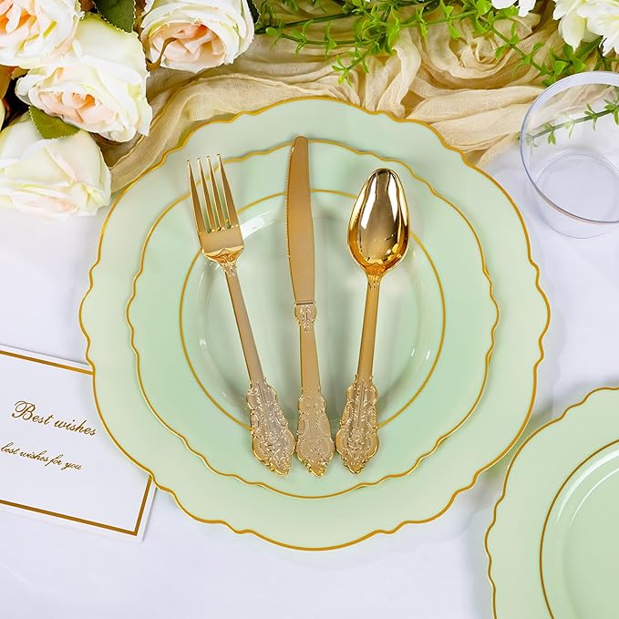 Liacere 175PCS Light Green Plates - Disposable Green and Gold - 25guest Baroque Dinnerware include 50Plates,25Pack Pre Rolled Napkins with Silverware 25Cups for Wedding ＆ Party & Spring