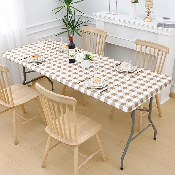 Smiry Picnic Table Cloth 4 Pack, Waterproof Elastic Fitted Tablecloths for 4FT Rectangle Tables, Washable Polyester Buffalo Plaid Tablecloth for Camping, Dining & Outdoor (Khaki & White, 30" x 48")