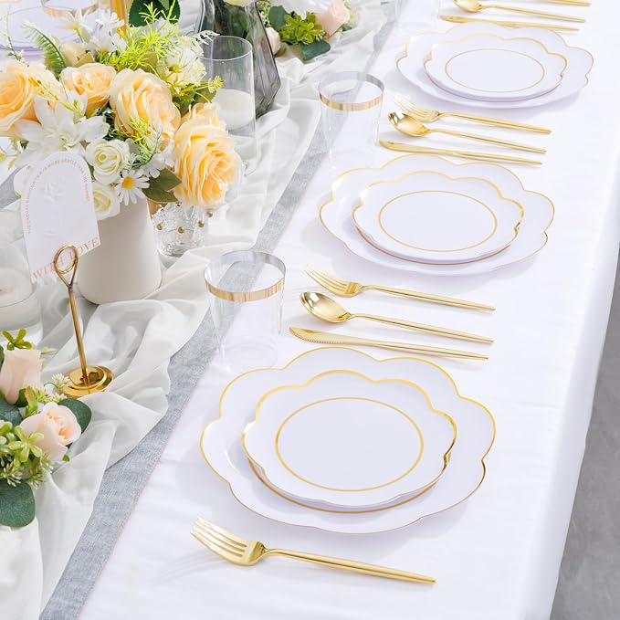 ejonirinjonir EI 180pcs White Plastic Plates with Gold Plastic Silverware,Heavy-Duty Disposable Plates for Party,White Dinnerware Set for 30 Guest Wedding,Afternoon Tea,Spring,Mother's/Valentine's Day