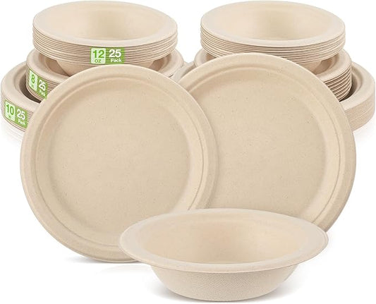 Havawish 75 Pcs Compostable Paper Plates and Bowls Set 8 Inch 10 Inch Disposable Plate 12oz Biodegradable Bowls for 25 Guests Party Dinner Party Supplies Bulk