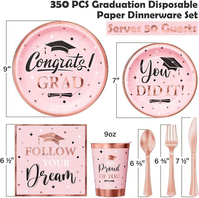 Ecomore Graduation Decoration Class of 2026 Pink Graduation Decoration 350 PCS - Rose Gold Grad Party Supplies Disposable Dinnerware (Serves 50) Paper Plates Cup Napkin Fork Knife Spoon (Pink & Black)