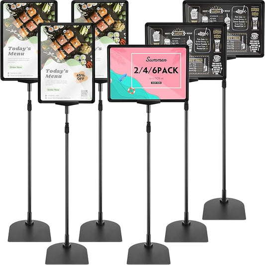 Jutom 6 Pack Adjustable Pedestal Stand Holder 8.5 x 11 Inch Heavy Duty Aluminum Sign Holder Vertical and Horizontal Sign Poster Stands Floor Standing Display for Advertisement Menu Display(Black)