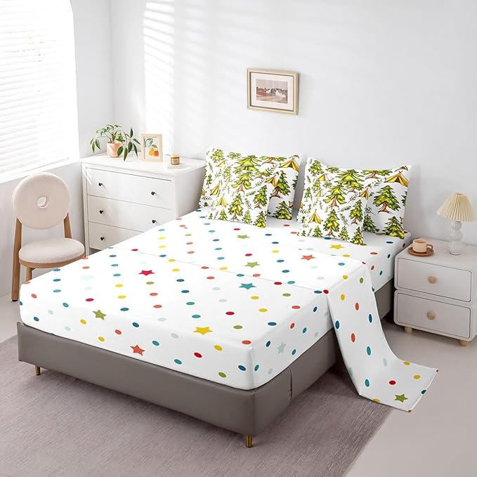 jejeloiu Happy Camping Comforter Set with Sheets King Size 7 Pieces Kids Tree Branches Woodland Bedding Set for Boys Girls Summer Leaves Pattern Nature Theme Bed in a Bag Room Decor