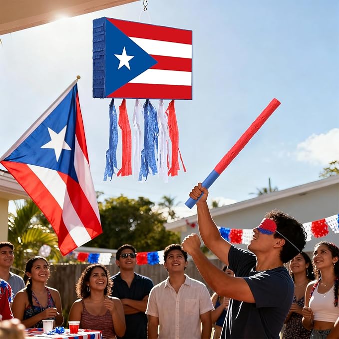 VioraWhite Puerto Rico Party Decorations Flag Piñata Red White Blue Small Piñata Set with Bat and Blindfold for Puerto Rican Birthday Party Games National Day Patriotic Festival Decor Supplies