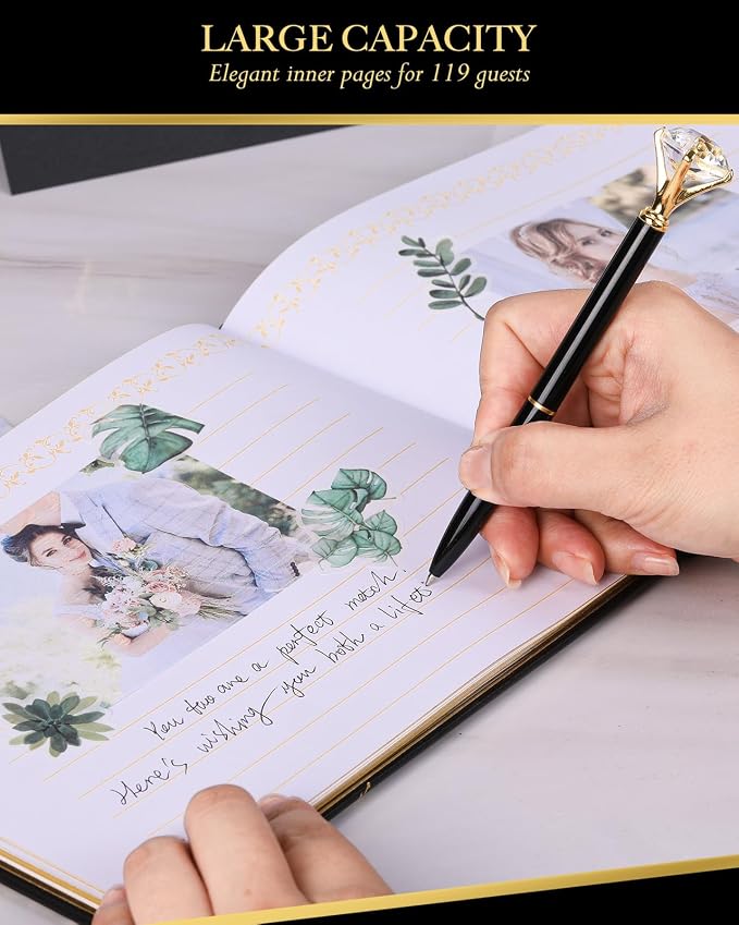 Black Wedding Guest Book - Guest Book Wedding Reception with Pens - 9x7'' Personalized Wedding Guestbook Photo Album Sign in Book - Gold Foil Hardcover & Gilded Edges for Weddings Baby Shower Party