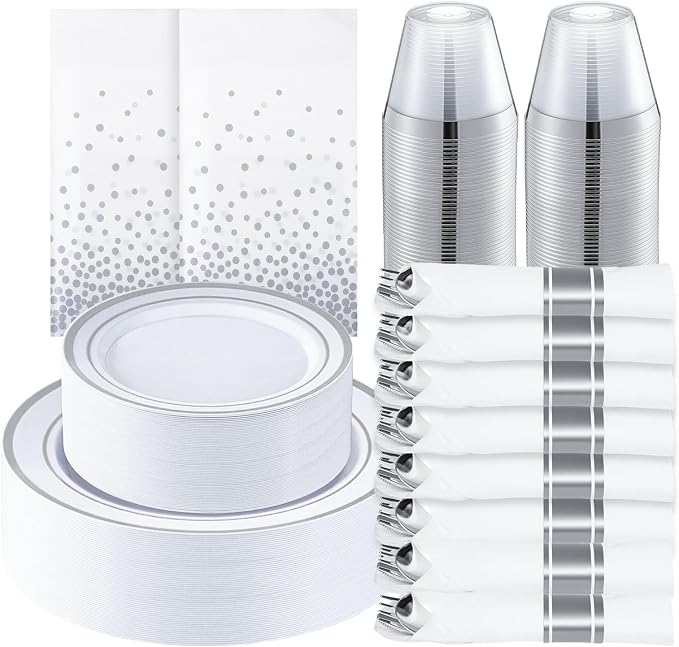 Goodluck 352 Piece Silver Plastic Dinnerware Set for 50 Guests, Disposable Plates for Party Include: 50 Dinner Plates 50 Dessert Plates, 50 Pre Rolled Napkins with Silverware, 50 Cups, 2 Tablecloth