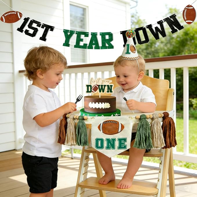 First Year Down Birthday Party Decorations-Felt First Year Down Highchair Banner, Football Themed 1st Birthday High Chair Banner, Cake Topper, Party Hat for Football 1st Birthday Party Supplies