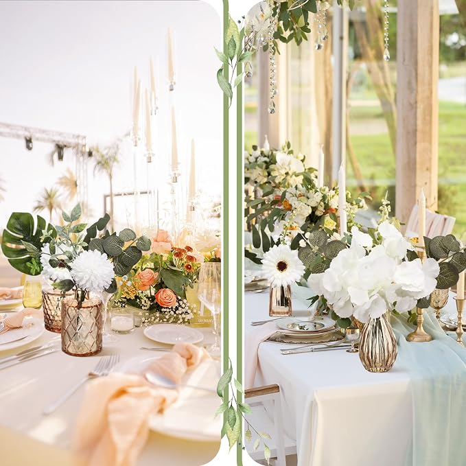 FoldTier 108 Pcs Artificial Flowers in Vase 96 Pcs Faux Greenery Stem Table Centerpiece Fake Plants Silk Roses Arrangement 12 Pcs Glass Vase Sets for Wedding Bathroom Home Dining Decor(Champagne)
