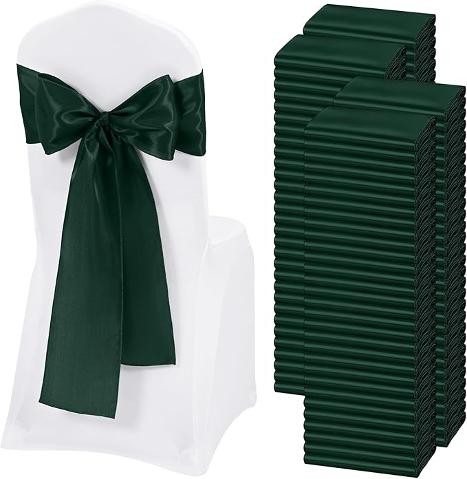 120 PCS Emerald Green Satin Chair Sashes, Ties Bows Designed Chairs Decorative, Chair Cover Sashes for Thanksgiving Wedding Christmas Banquet Party Home Kitchen Decoration (7 x 108 inch)