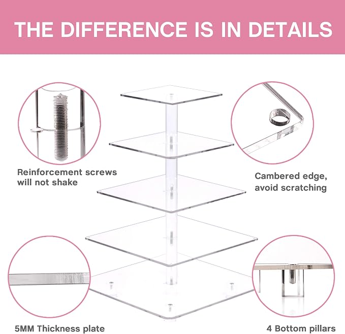 YestBuy Cupcake Stand with Pink Lights – 5 Tier Premium Cupcake Holder – Acrylic Cupcake Tower Display Stand – Cady Bar Party Décor –Acrylic Display for Pastry + LED Light String – Ideal for Weddings, Birthday (Pink)