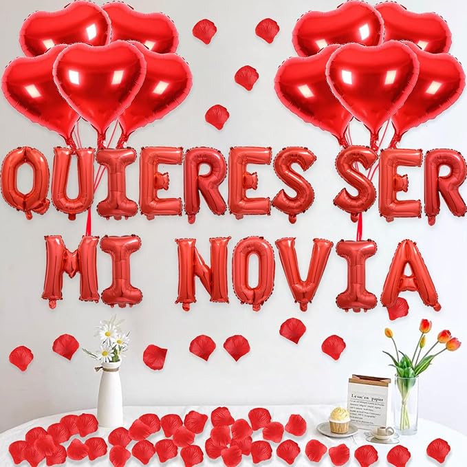 2 Set Red QUIERES SER MI NOVIA Balloons - 1200pcs Red Artificial Rose Petals 34pcs 16" Letter Balloon 10pcs 18" Heart Balloons Alphabet Foil Mylar Balloon for Valentines Day Decorations