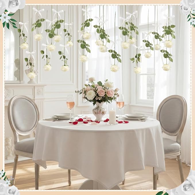 Sliner 25 Pcs Artificial Rose Flowers Hanging Decorations, Dangling Flowers Garland with Hooks Spring Party Decorations Hanging Flower Ceiling Decoration for Wedding Party Spring Home Birthday(White)